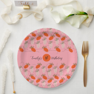 Strawberries Pink White Doodle Pattern      Paper Plate