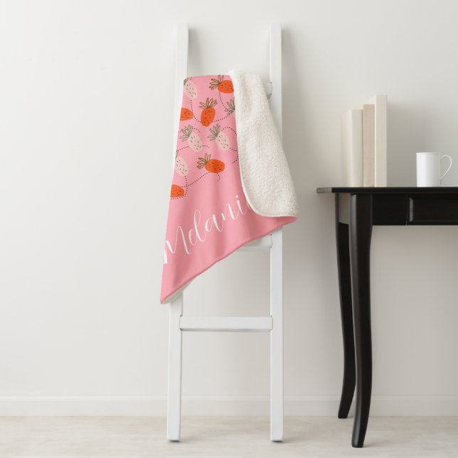 Strawberries Pink White Doodle Pattern    Sherpa Blanket (In Situ)