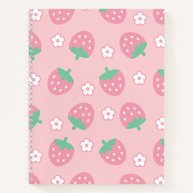 Strawberries Pink White Flowers Sakura Kawaii Cute Notebook (Front)