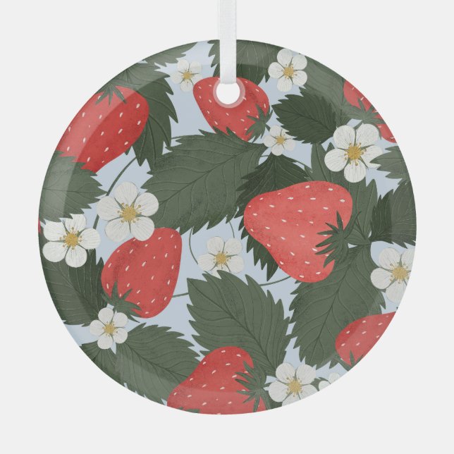 Strawberries: summer fruit pattern design. glass ornament (Front)