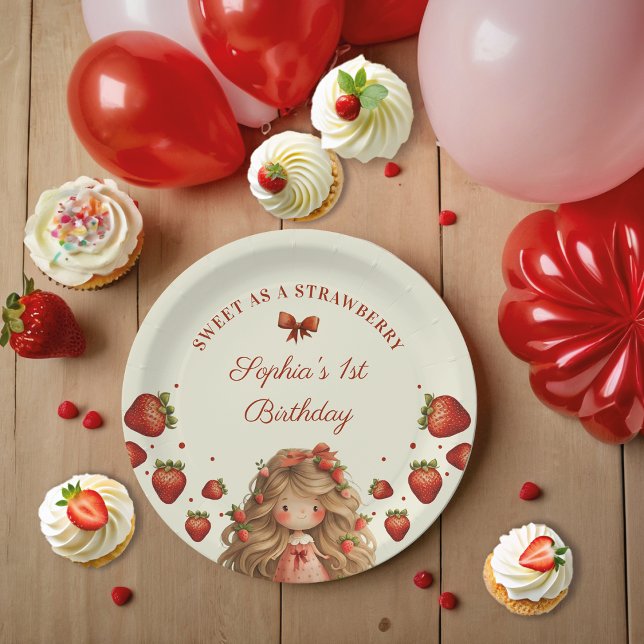 Strawberries Sweet Watercolor Girl 1st Birthday Paper Plate (Creator Uploaded)