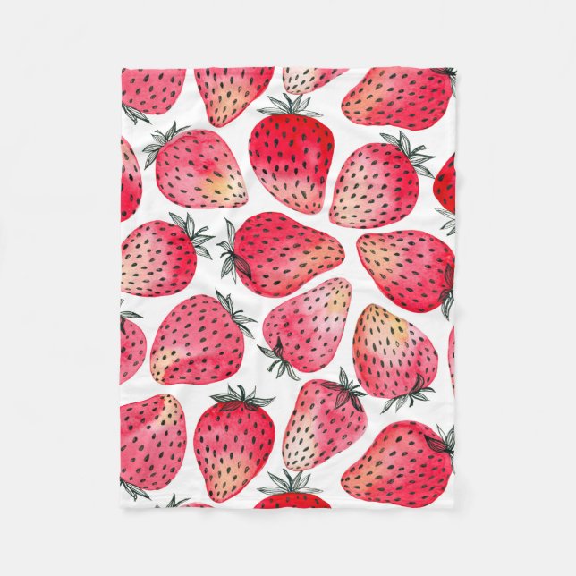 Strawberries watercolor and ink fleece blanket (Front)