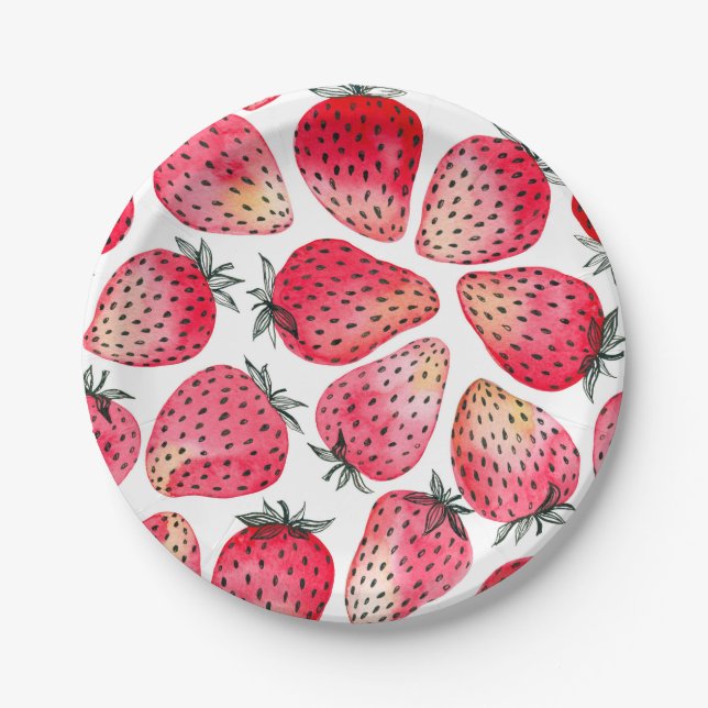 Strawberries watercolor and ink paper plate (Front)