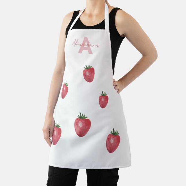Strawberries Watercolor Hand-painted Monogrammed Apron (Insitu)