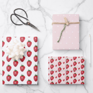Strawberries Watercolor Hand-painted on Blush Wrapping Paper Sheet