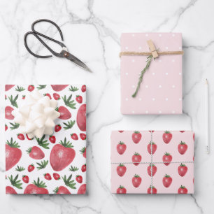 Strawberries Watercolor Hand-painted on Blush Wrapping Paper Sheet