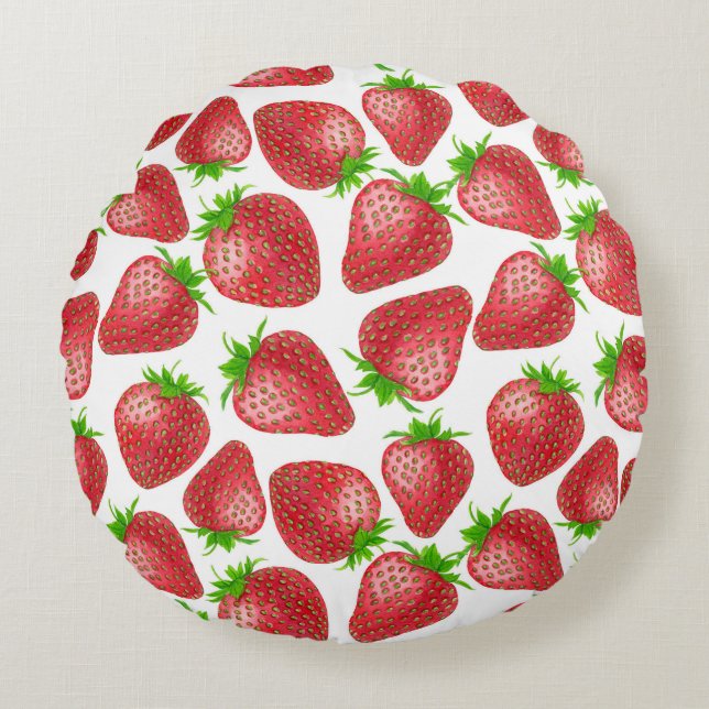 Strawberries watercolor pattern round pillow (Front)