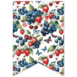 Strawberries With Blueberries and Butterflies Bunting Flags