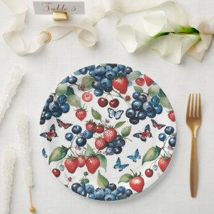 Strawberries With Blueberries and Butterflies Paper Plate
