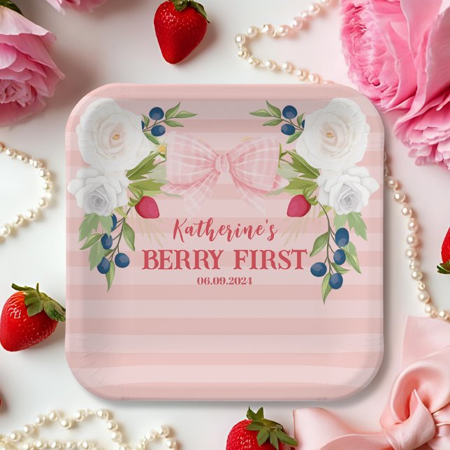 Strawberry 1st Berry First strawberry Birthday  Paper Plate (Creator Uploaded)