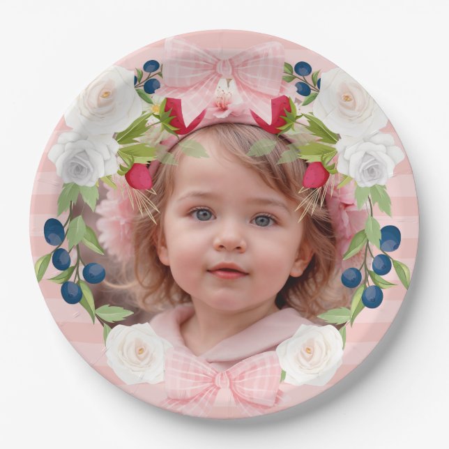 Strawberry 1st Berry Sweet Birthday Photo Paper Plate (Front)