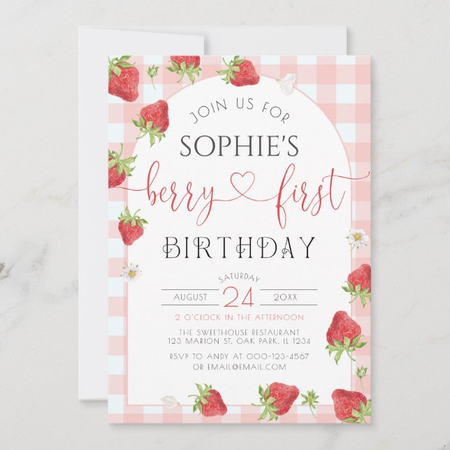 Strawberry 1st Birthday Berry First Birthday  Invitation (Front)