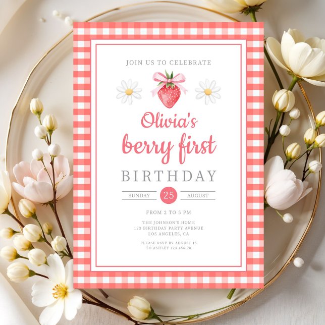 Strawberry 1st Birthday Berry First Birthday Invitation (Strawberry 1st Birthday Berry First Birthday Invitation)
