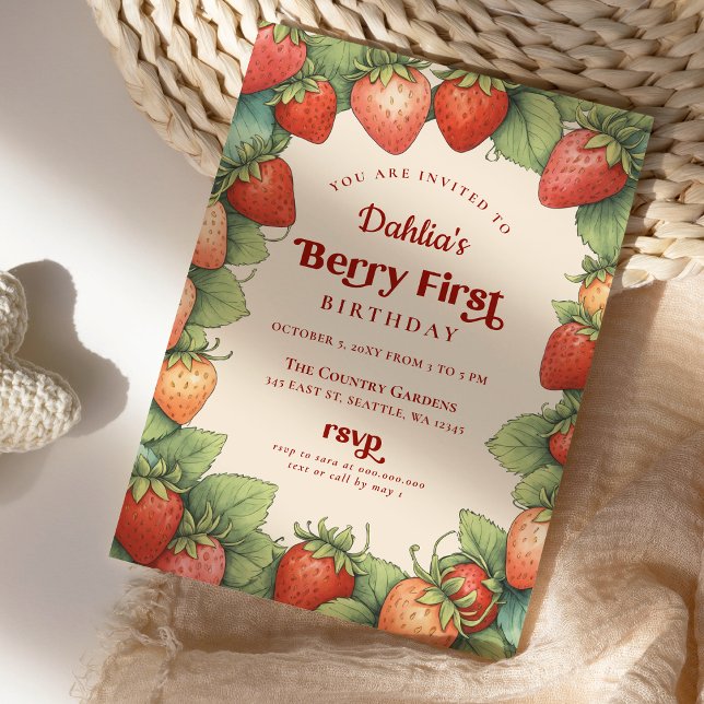 Strawberry 1st Birthday Berry First Birthday Invitation (Strawberry 1st Birthday Berry First Birthday Invitation)