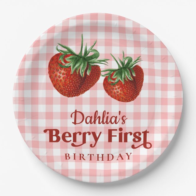 Strawberry 1st Birthday Berry First Birthday Paper Plate (Front)