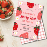 Strawberry 1st Birthday Berry First Birthday Party Invitation<br><div class="desc">"Capture the magic of a berry-themed celebration with our adorable strawberry and daisy invitations! Featuring a charming mix of red and pink strawberries against a soft pink background, these invites are perfect for adding a sweet touch to any kid's party.Simply add your event details on this easy-to-use template to make...</div>