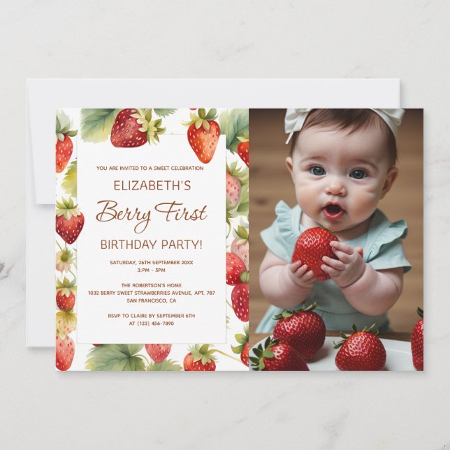 Strawberry 1st Birthday Berry First Birthday Photo Invitation (Front)