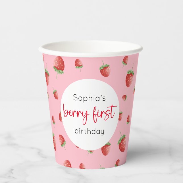 Strawberry 1st Birthday Berry First Paper Cups (Front)