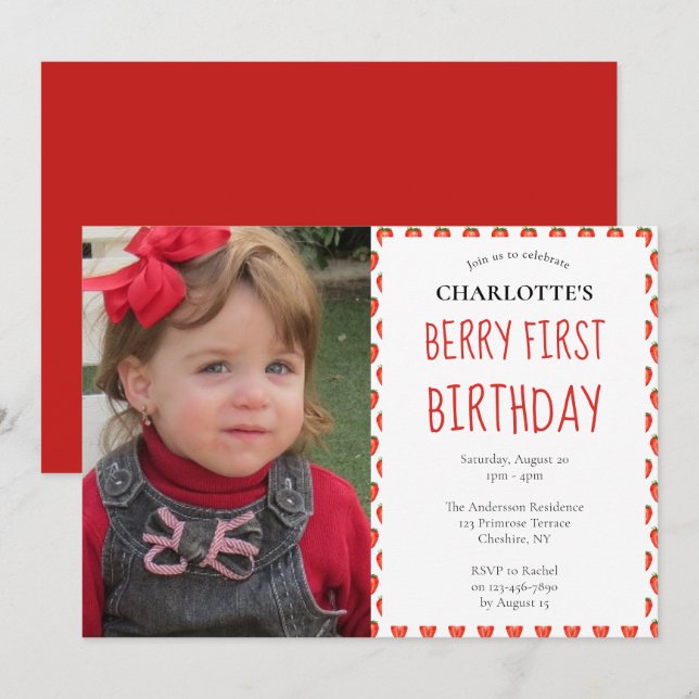Strawberry 1st Birthday Berry First Photo Party Invitation (Front/Back)