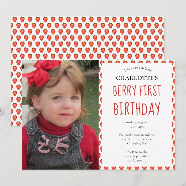 Strawberry 1st Birthday Berry First Photo Party Invitation (Front/Back)