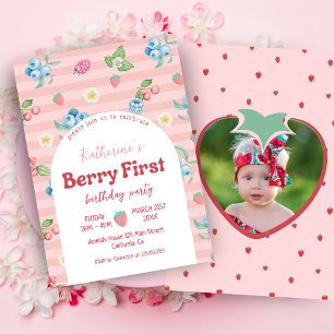 Strawberry 1st Birthday Berry First Pink Birthday Invitation