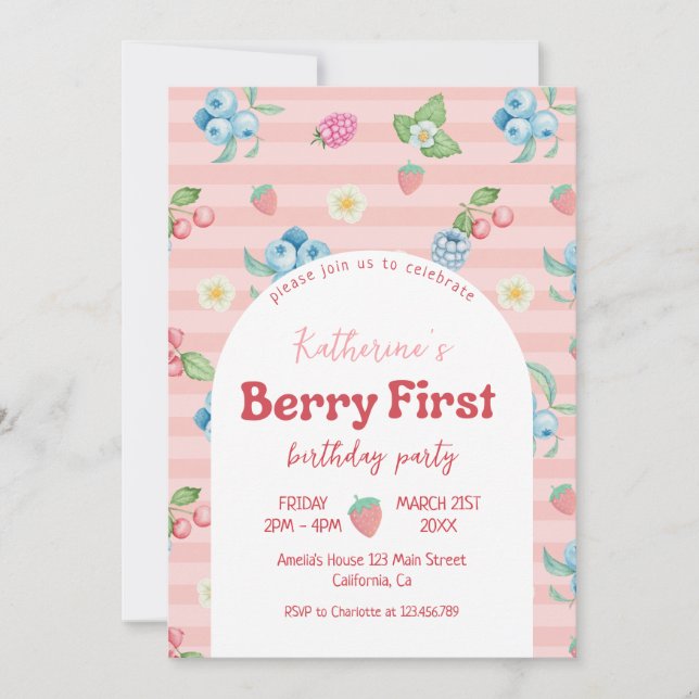 Strawberry 1st Birthday Berry First Pink Birthday Invitation (Front)