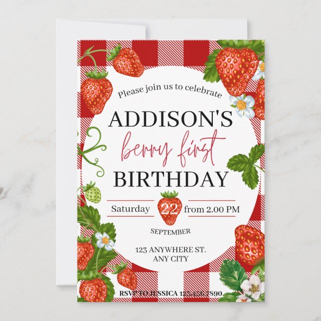 Strawberry 1st birthday Berry Sweet Invitation (Front)