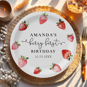 Strawberry 1st Birthday Berry Sweet One  Paper Plate