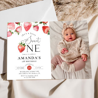 Strawberry 1st Birthday Berry Sweet One Photo Invitation
