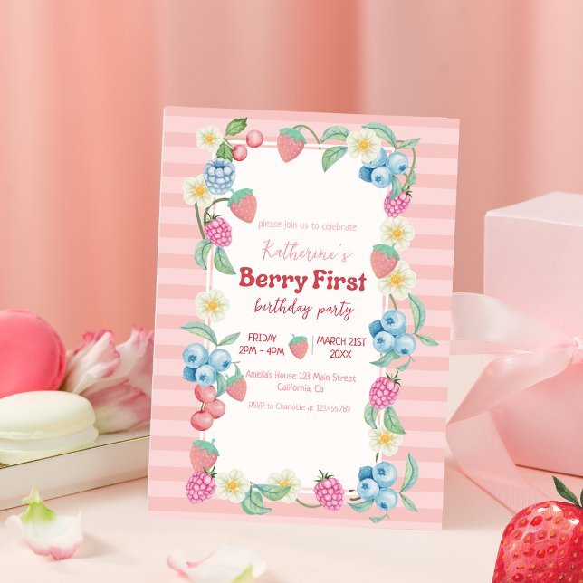 Strawberry 1st Birthday Berry Sweet Pink Birthday Invitation (Creator Uploaded)