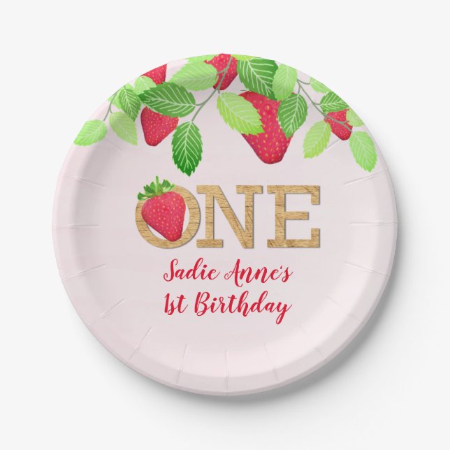 Strawberry 1st Birthday Girl Red Rustic Paper Plat Paper Plate (Front)