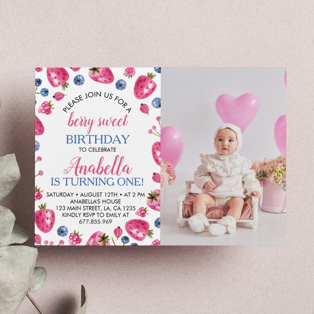 Strawberry 1st Birthday Invitation Berry Sweet (Creator Uploaded)