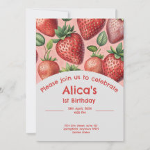 Strawberry 1st birthday invitation in summer