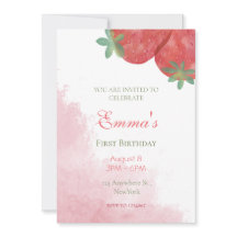 Strawberry 1st birthday invitations with photo.