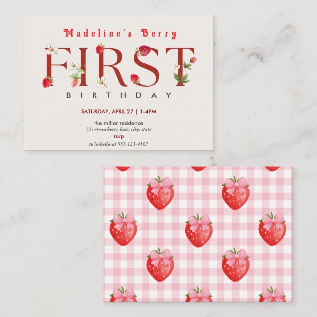 Strawberry 1st Birthday Party Berry First  Card (Front/Back)