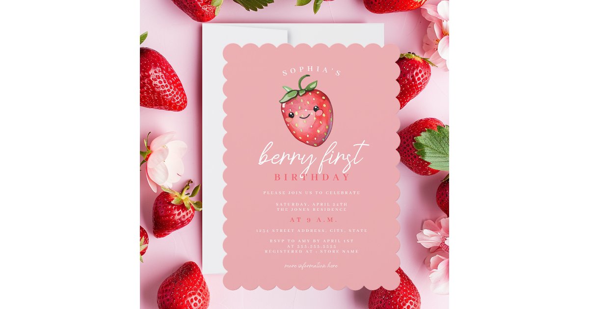 Strawberry 1st Birthday Party Berry First Invitation | Zazzle
