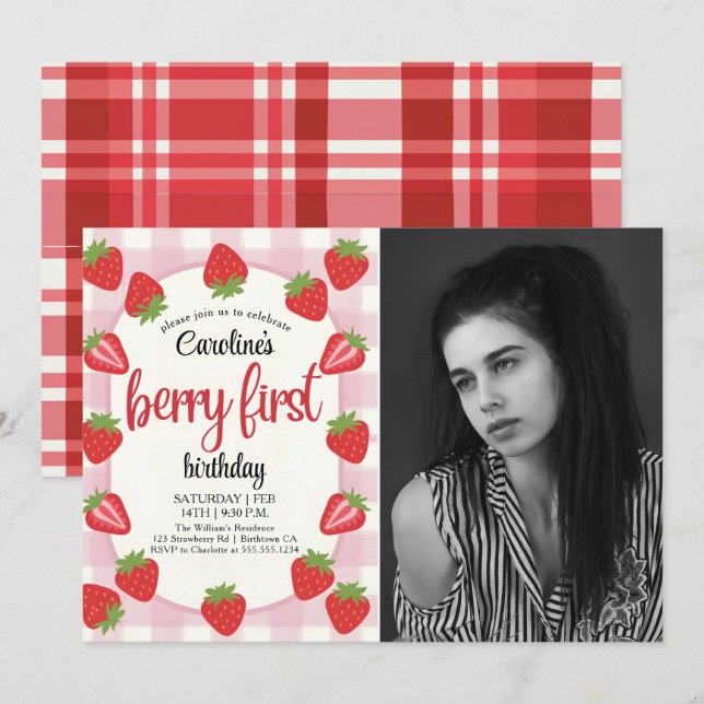 Strawberry 1st Birthday Party Berry First Photo Invitation (Front/Back)