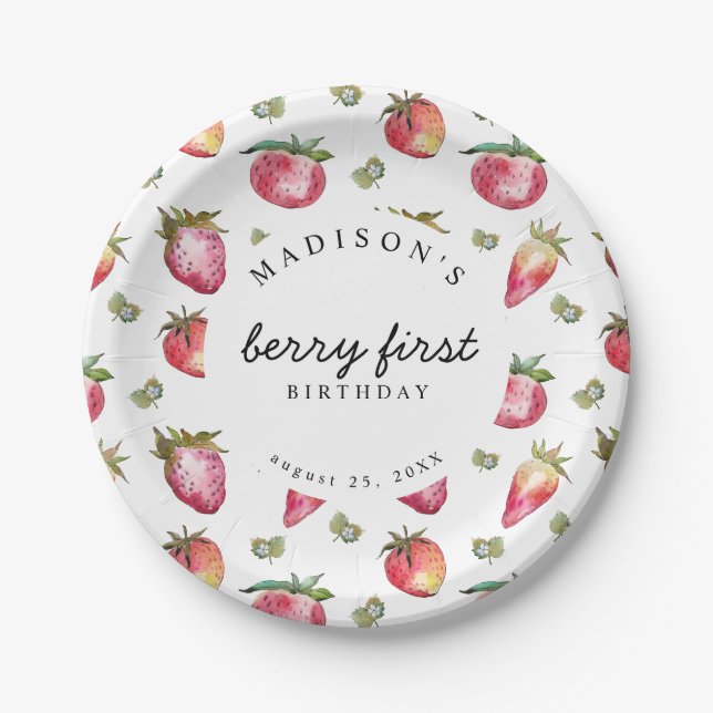 Strawberry 1st Birthday Party Berry First Sweet Pa Paper Plate (Front)