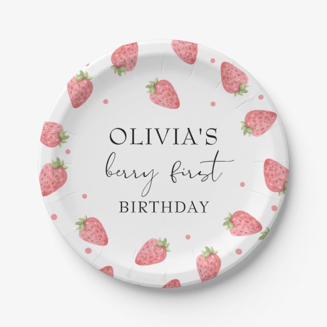 Strawberry 1st Birthday Party Berry Paper Plate (Front)