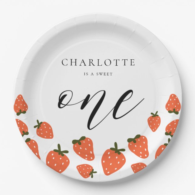Strawberry 1st Birthday Party Paper Plate (Front)