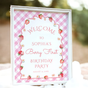 Strawberry 1st Birthday Wavy Berry First Welcome Poster