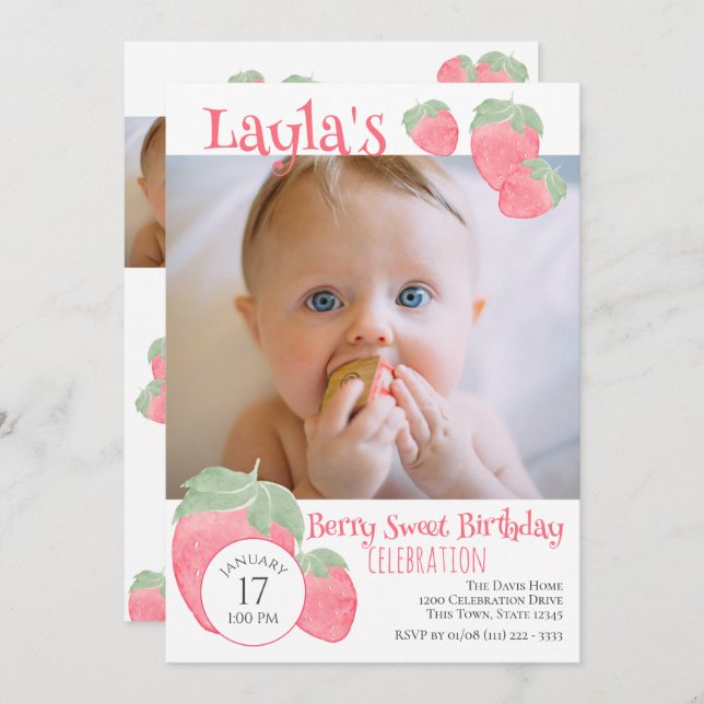 Strawberry 1st Birthday with Photo Invitation (Front/Back)