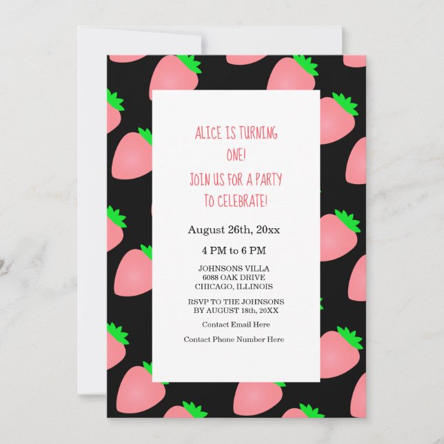 Strawberry 1st First Summer Birthday Baby Girl Invitation (Front)