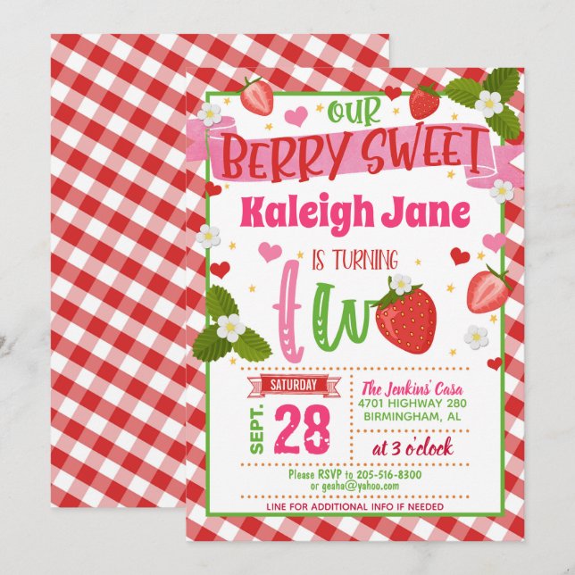 Strawberry 2nd Birthday Invitation - Gingham (Front/Back)