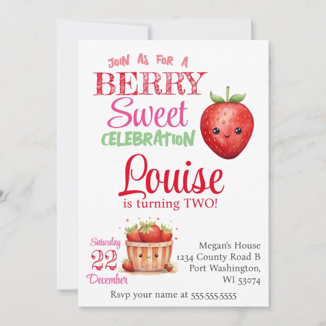 Strawberry 2nd Birthday Party Berry Kids Birthday Invitation (Front)