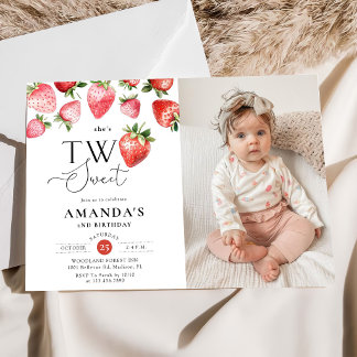 Strawberry 2nd Birthday Two Sweet Photo Invitation