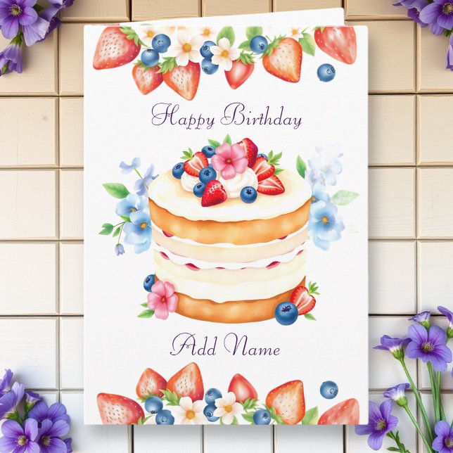Strawberry and Blueberry Birthday Cake Personalize Card (Creator Uploaded)