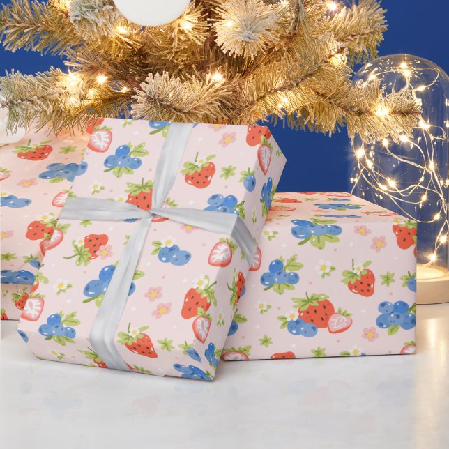Strawberry and Blueberry Seamless Pattern Wrapping Paper (Holidays)