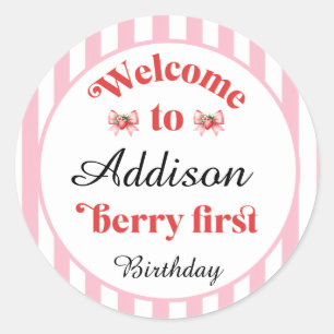  Strawberry and bow Berry First Birthday  Classic Round Sticker