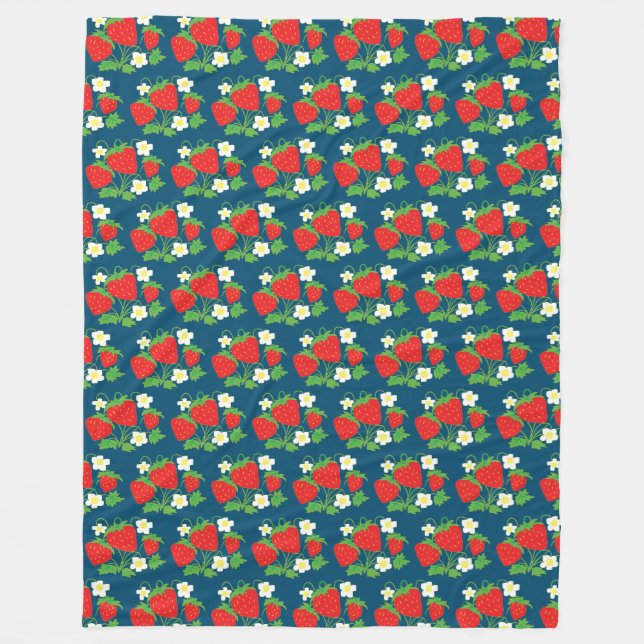 Strawberry and Flower Blue Pattern Fleece Blanket (Front)